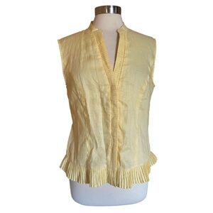 Tweeds Linen Sleeveless V-Neck Blouse Pale Yellow Pleated Hem Women’s L